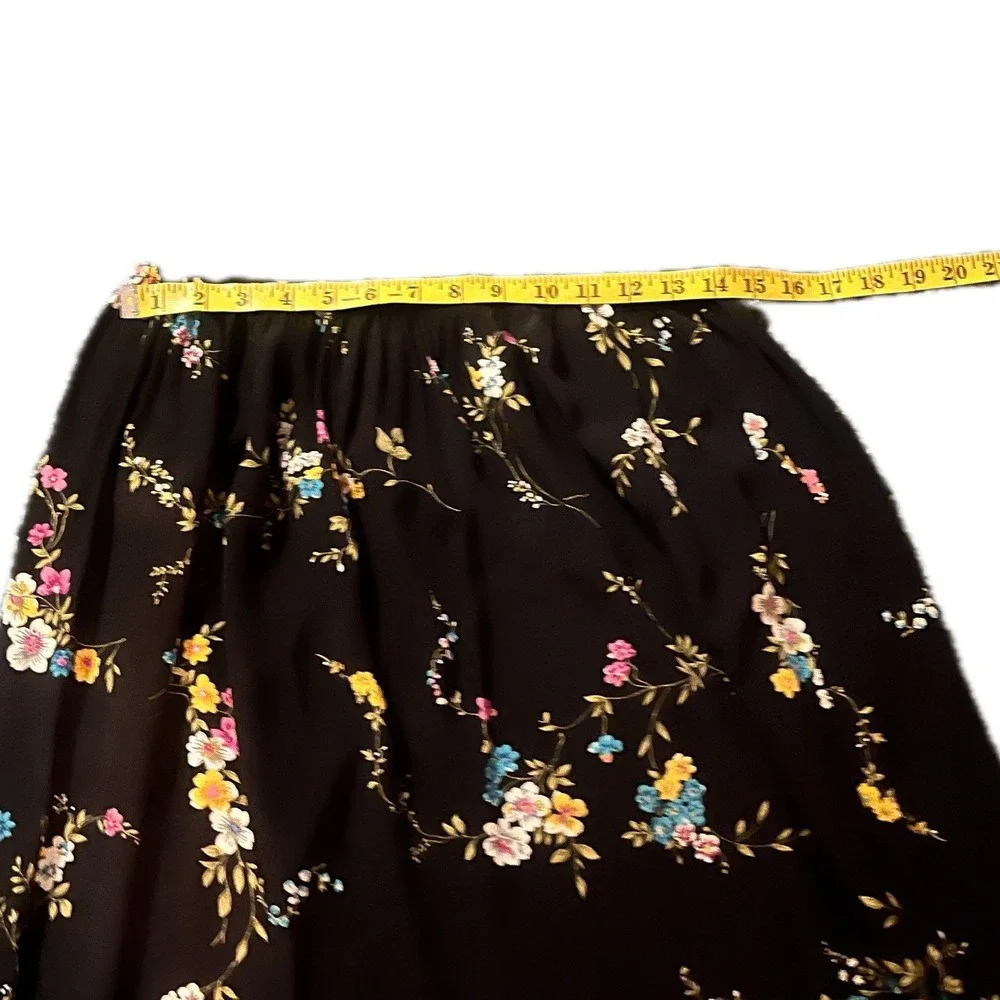 Vintage 90s Black Floral Elastic Maxi Skirt Boho Sprig Print Sz M Western Prarie
